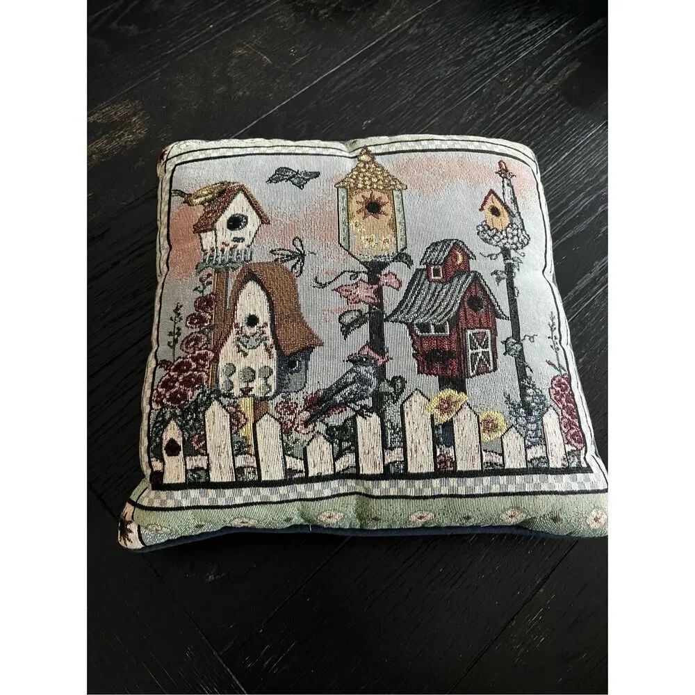 Birdhouse Tapestry Throw Pillow 15X15 EUC